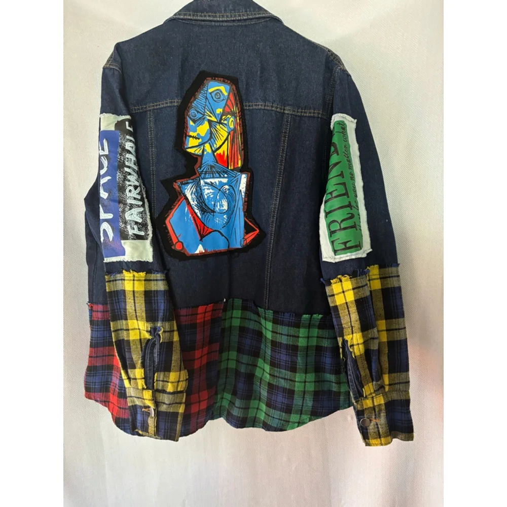 Women's Yiyi Princess Blue Denim Plaid Patchwork Jean Jacket